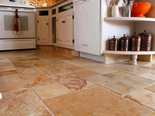 Restored tile floor in a kitchen